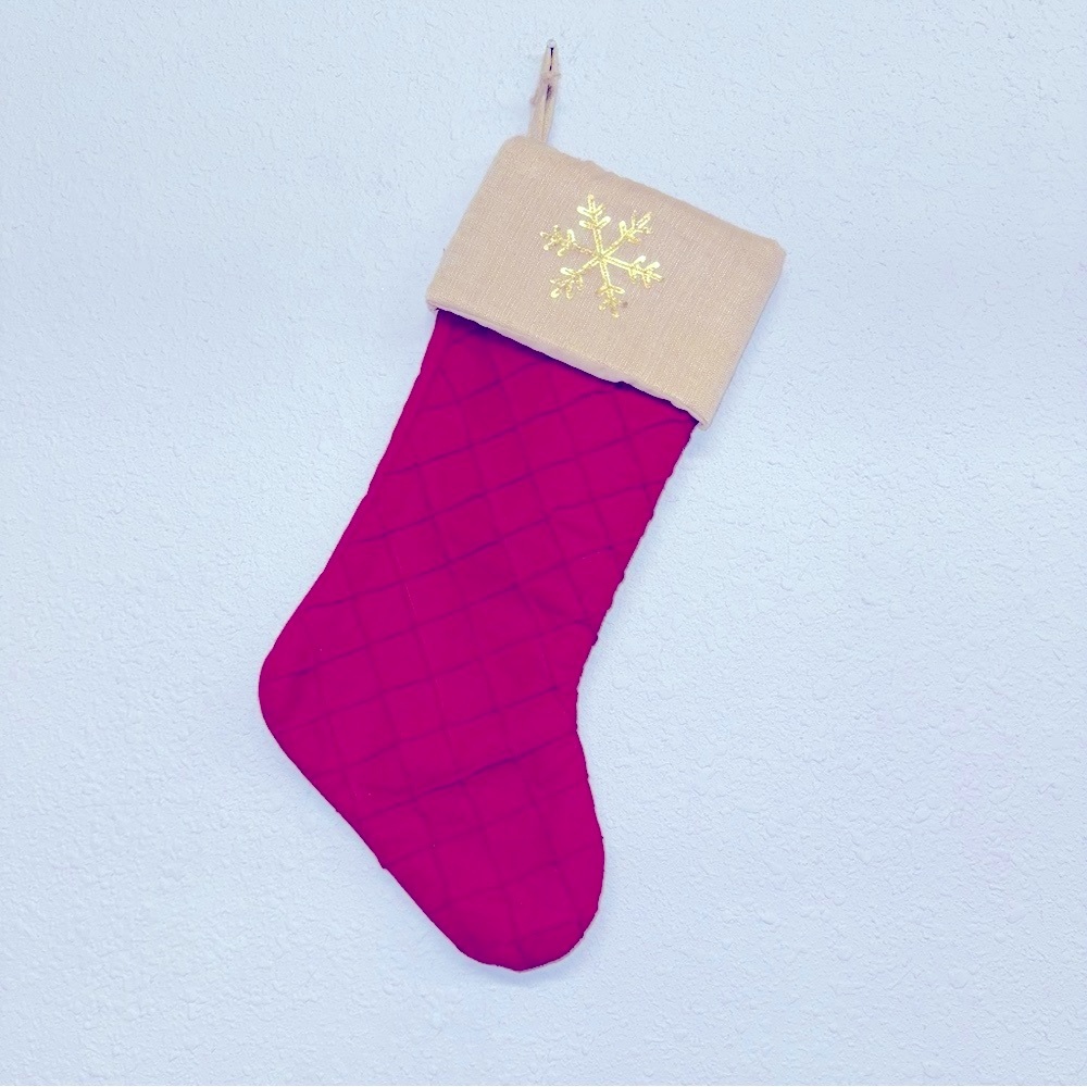 Red tan Christmas stocking with snowflake